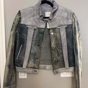 JKT NYC Ariel Leather Denim Jacket Cropped Mixed Media Moto small